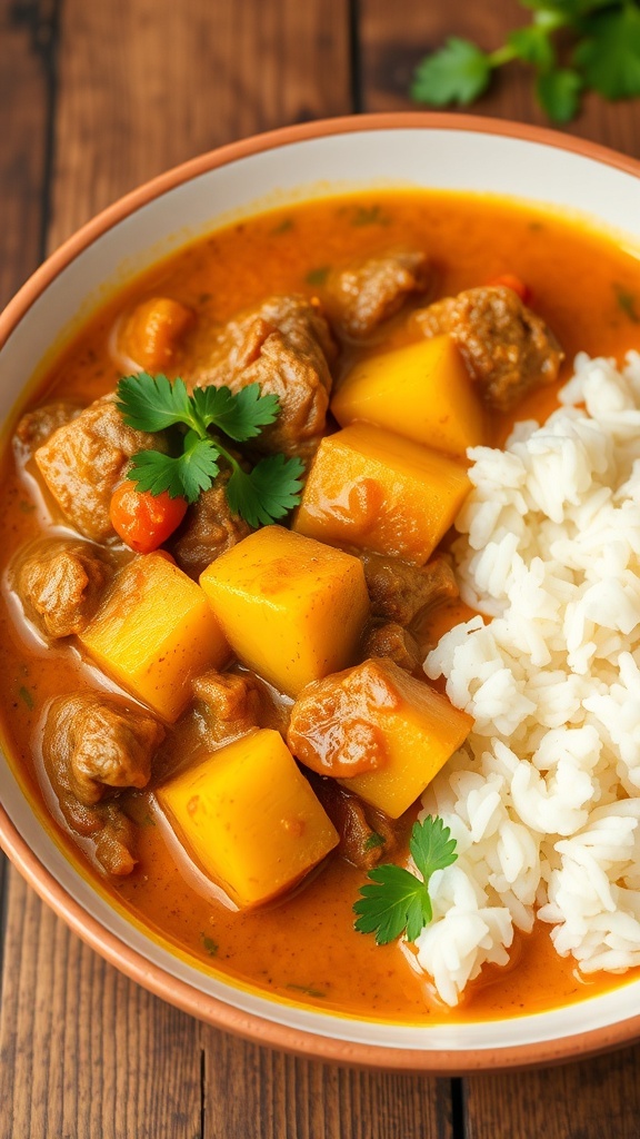 A bowl of Beef and Potato Curry with beef chunks, potatoes, and cilantro, served with rice on a rustic table.